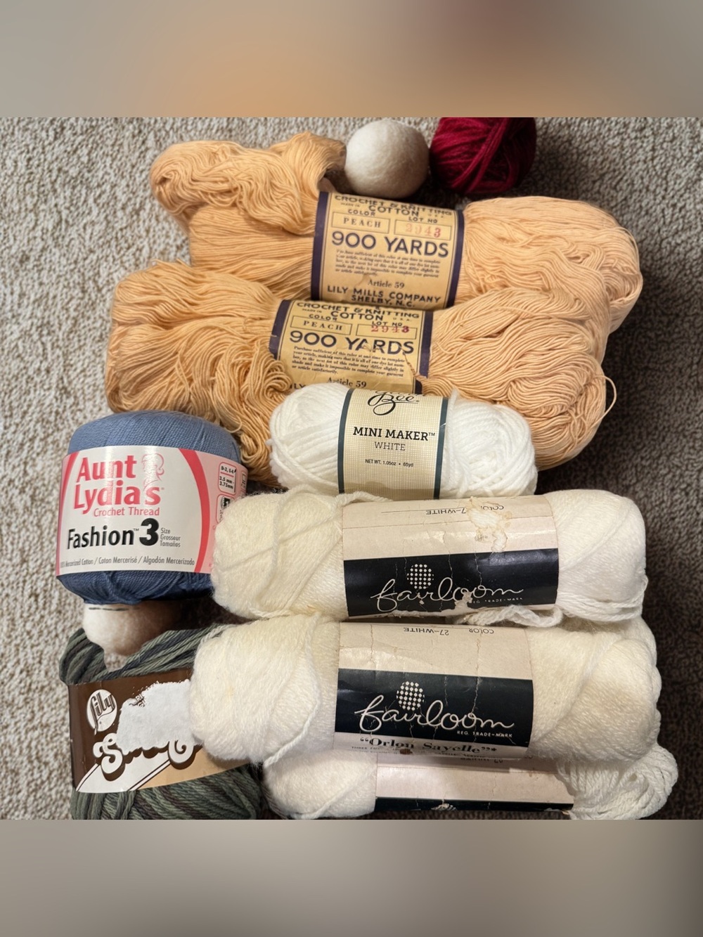 Vintage & Modern Yarn Lot Lily Cotton Peach Orlon Sayelle Aunt Lydia Sugar Cream